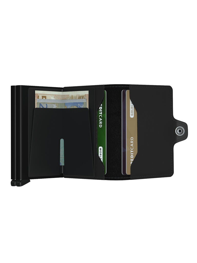 The Secrid Twin Wallet Matte Finished Leather in black features multiple card slots, a cash compartment for euro banknotes, RFID protection, and a snap button closure on the right—blending style and security.