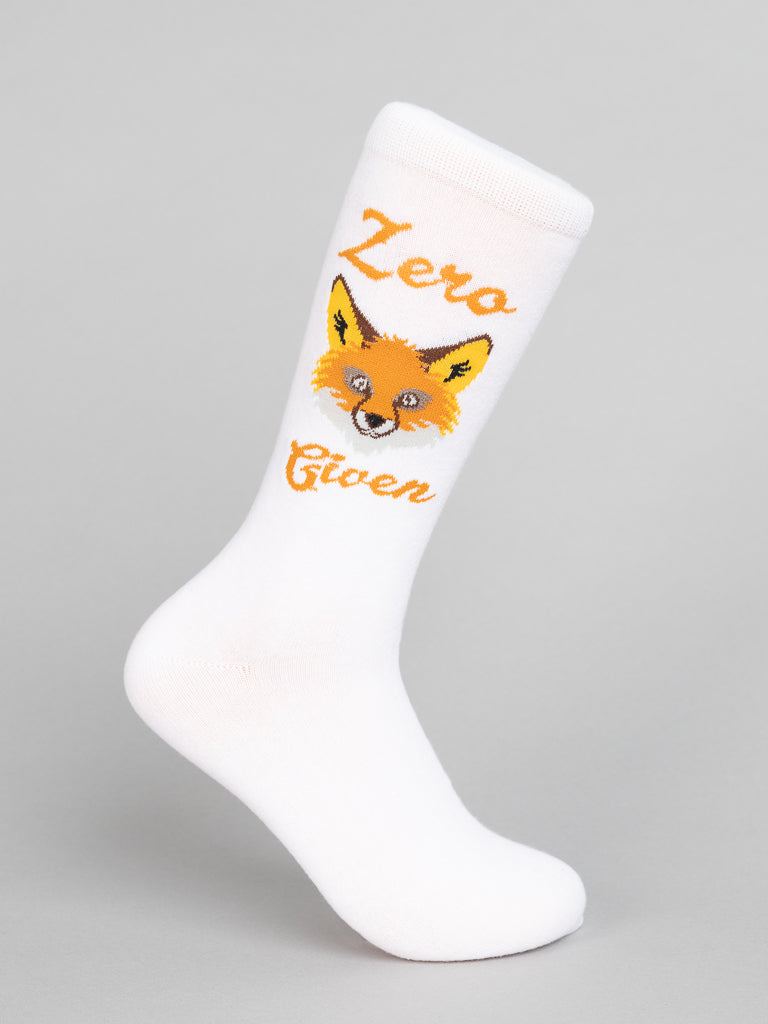 Introducing ID Menswears Zero Fox Given Graphic Socks: white socks adorned with an orange fox face and bold Zero Given text. Made from premium combed cotton and showcased on a mannequin against a gray backdrop, these socks offer a whimsical fox-inspired design.