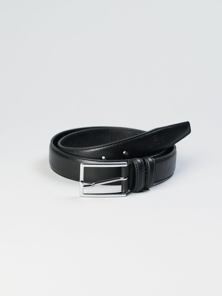 The 4061 Made in Italy Leather Belt by ID Menswear is coiled against a plain white background. This Italian-made black leather belt features a shiny silver rectangular buckle, a smooth finish, and multiple adjustment holes for easy customization.