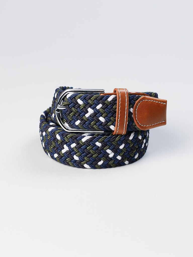 The ID Menswears ID Braided Stretch Woven Belt features a coiled design with blue, white, and green patterns on a light gray background. It includes a metal buckle and a brown leather end piece with a loop.
