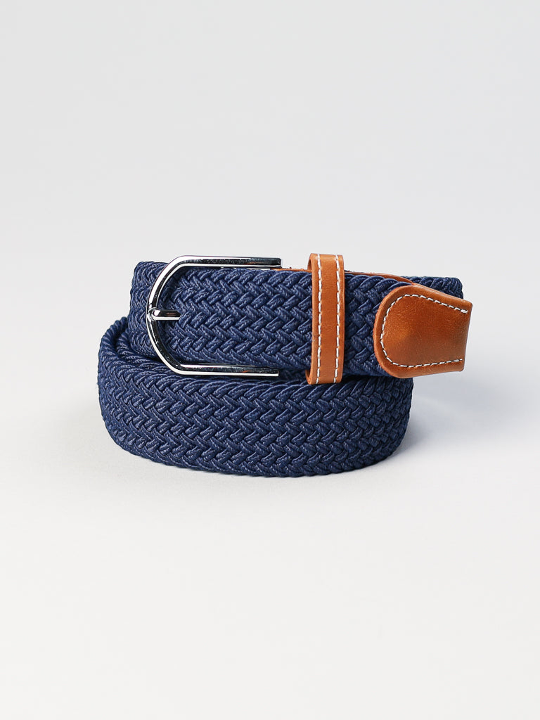 The ID Menswear ID Braided Stretch Woven Belt features a navy coiled design with a metal buckle and brown leather end, set against a light gray background.