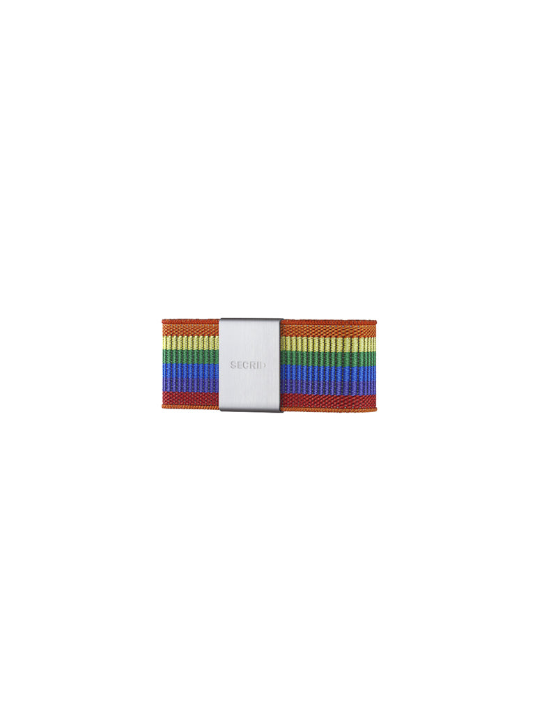 A silver Secrid clip secures a Money Band Cardprotector Add-on with horizontal rainbow stripes—red, yellow, green, blue, and purple—centered on a plain white background.