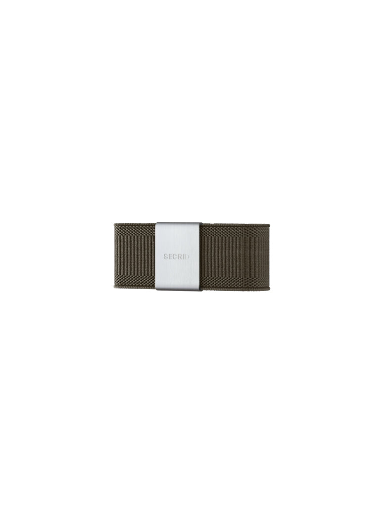 A compact olive green Secrid Money Band Cardprotector Add-on with a silver metal SECRID clip, photographed on a white background, perfect for securely holding your cards with any Secrid Cardprotector.