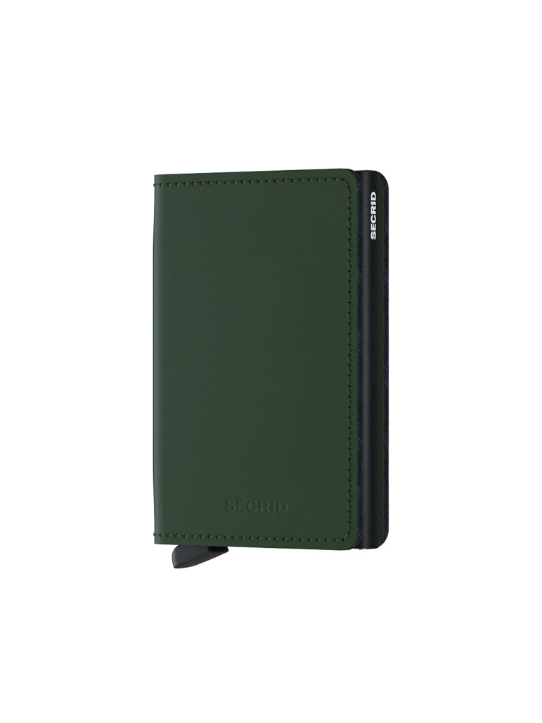 The Secrid Slimwallet Matte Finished Leather is a compact, dark green leather wallet with visible stitching, a black SECRID-branded side panel in white text, and a small pull tab at the bottom against a plain white background.