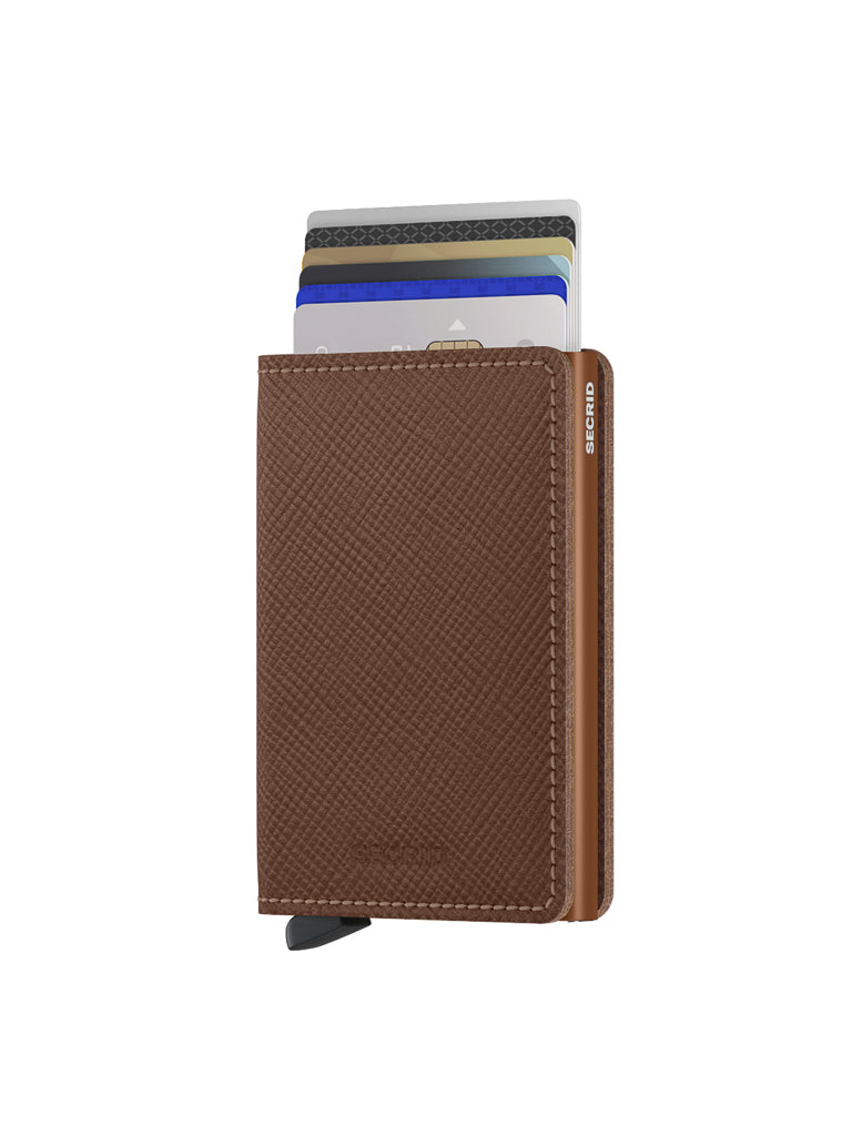 The Secrid Slimwallet Saffiano Leather is a brown textured wallet with RFID protection, card slots at the top, a bottom tab, and "Secrid" branding on the side. Several cards are partially visible, organized neatly in the slots.