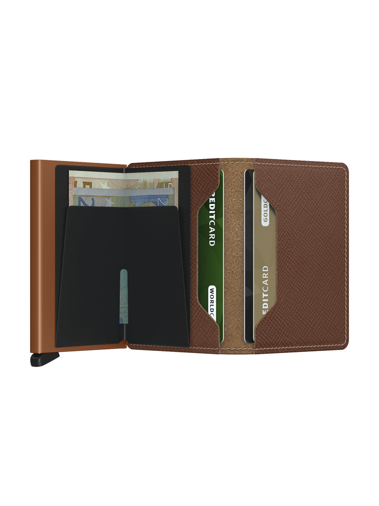 An open Secrid Slimwallet Saffiano Leather in brown displays multiple card slots, euro banknotes, and credit cards inside. The wallet is shown on a white background.