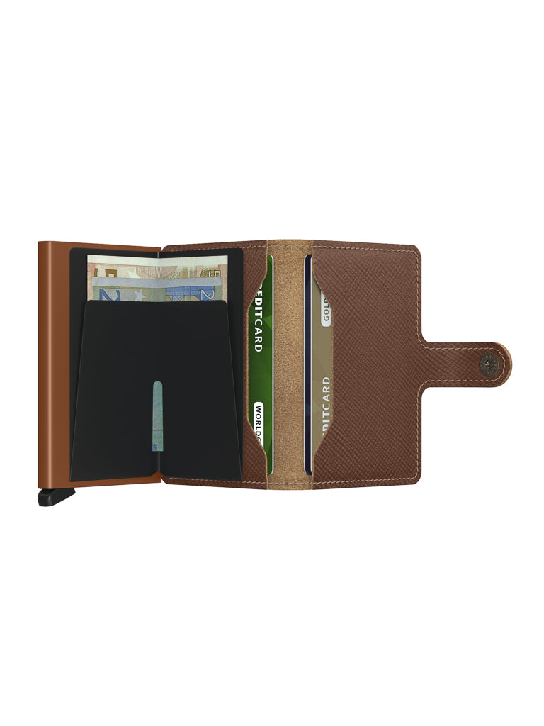 The Secrid Miniwallet Saffiano Leather is an open brown wallet with multiple slots for cards and cash, RFID protection, a buttoned strap closure, and a black divider inside.