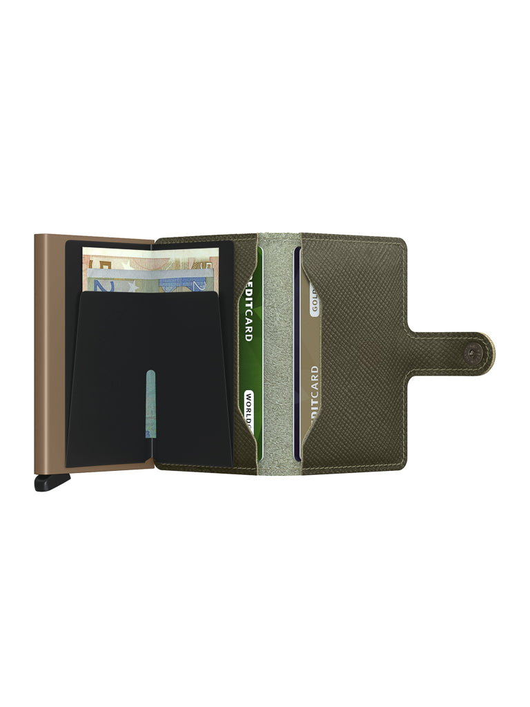 The Secrid Miniwallet Saffiano Leather in olive green features textured leather, a snap button closure, multiple slots for cards and euro banknotes, and built-in RFID protection for enhanced security.