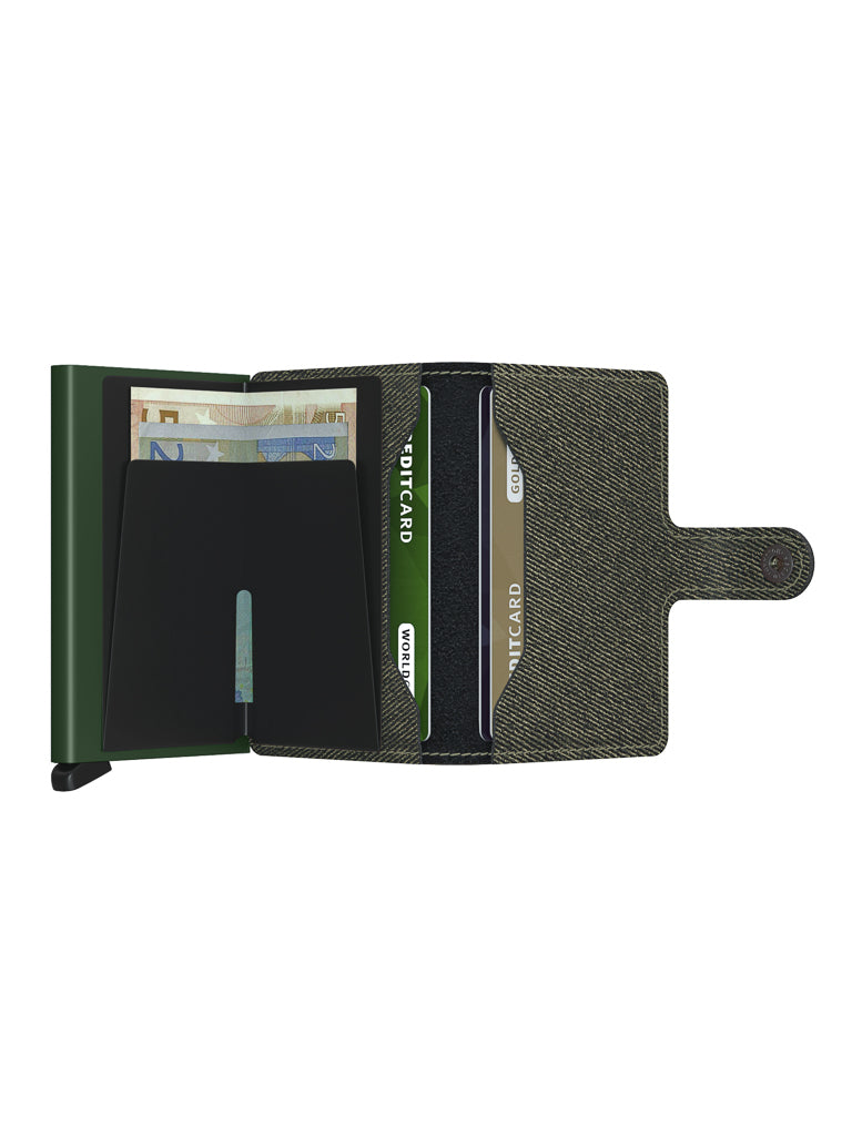 The Secrid Miniwallet Twist Twill Leather is an open, dark-green, compact wallet with a snap closure, structured case, RFID protection, fabric interior, and slots for cash and multiple cards—all neatly organized inside.