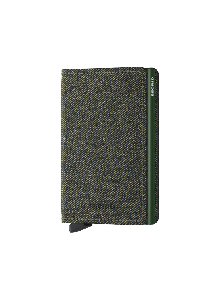 The Secrid Slimwallet Twist Twill Leather is a compact, textured dark green wallet with RFID protection, a visible black card tab, and "SECRID" in white on the side, shown against a plain white background.