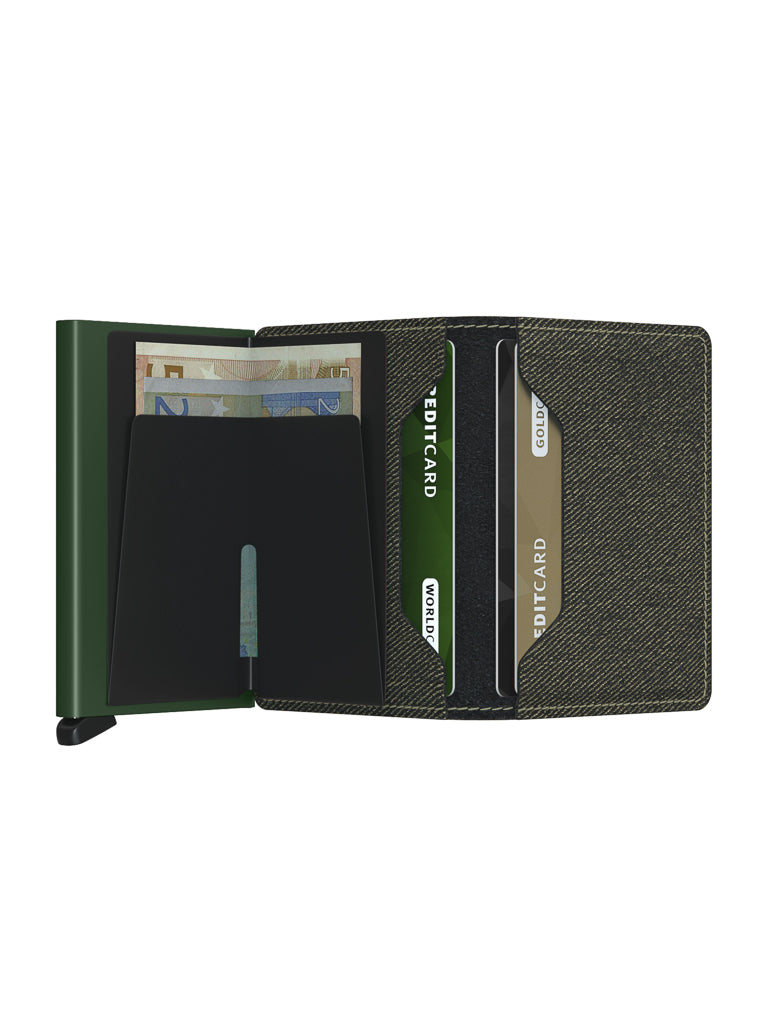 The Secrid Slimwallet Twist Twill Leather wallet is open, showing euro banknotes and credit cards in black slots, with a textured lining and built-in RFID protection.
