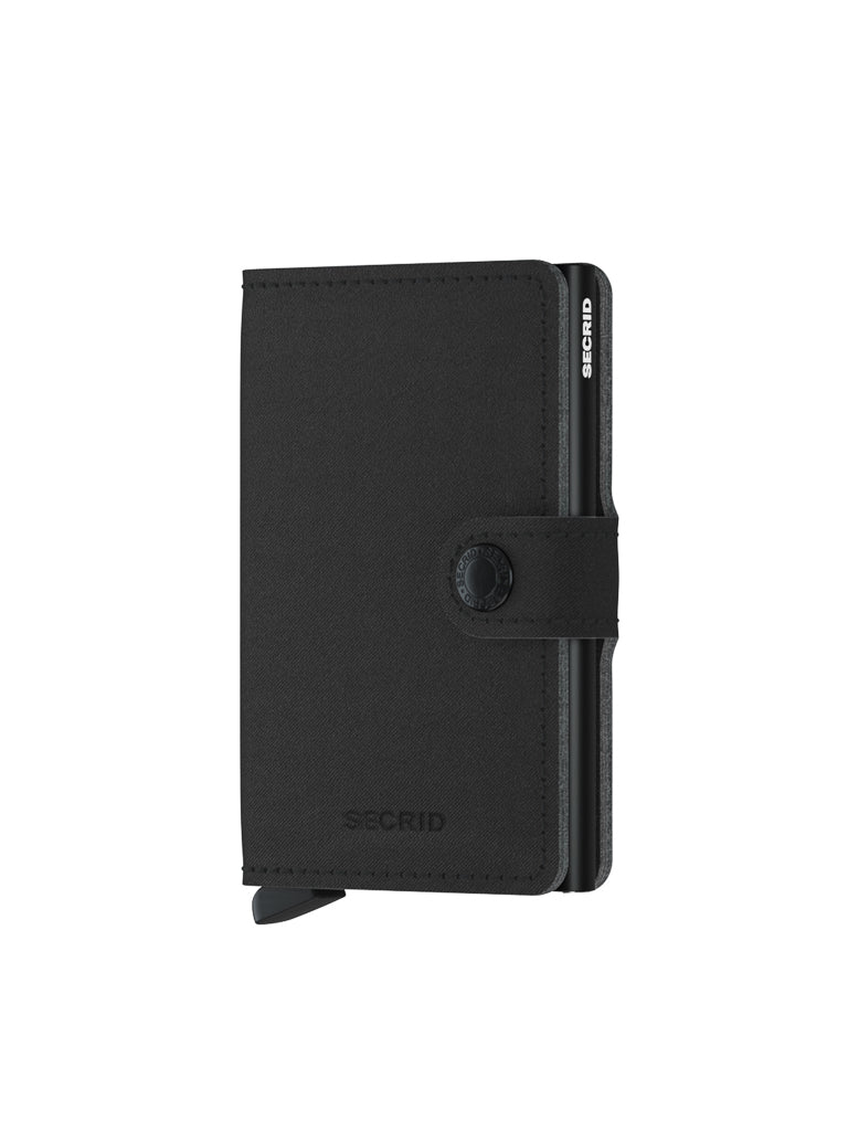 The Secrid Miniwallet Yard Microfibre Non-Leather, a black compact wallet with a snap-button closure and visible card slider, is shown against a white background.