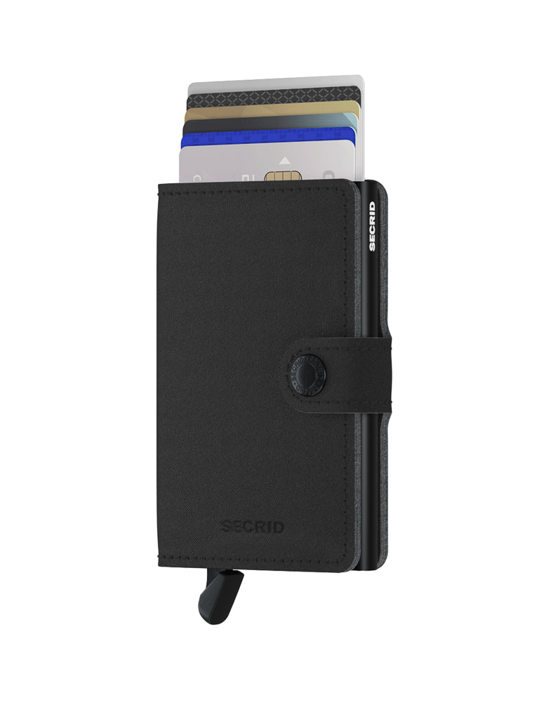 A black Secrid Miniwallet Yard Microfibre Non-Leather with snap closure, slightly open to show several cards inside. This compact wallet has a bottom tab for easy card access and a subtle Secrid logo on the front.