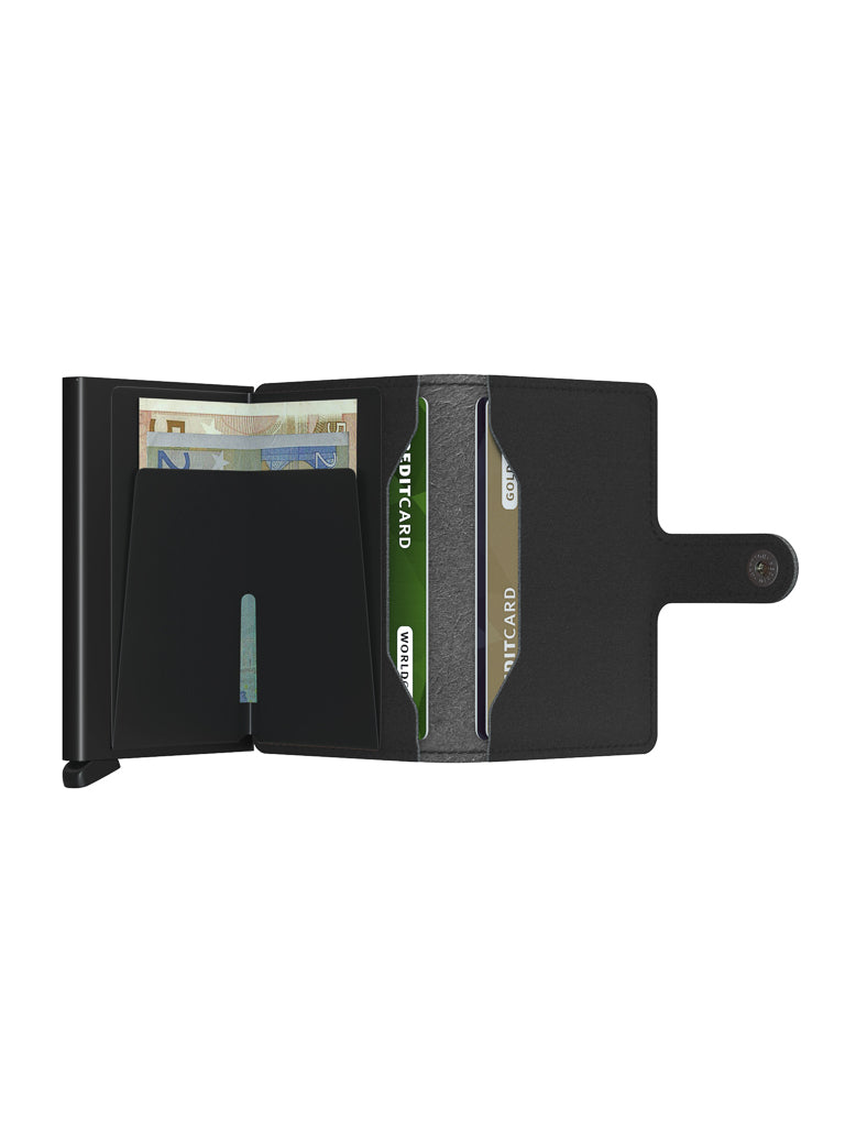 A Secrid Miniwallet Yard Microfibre Non-Leather in black, open to show multiple card slots filled with cards and paper currency, is displayed on a white background.