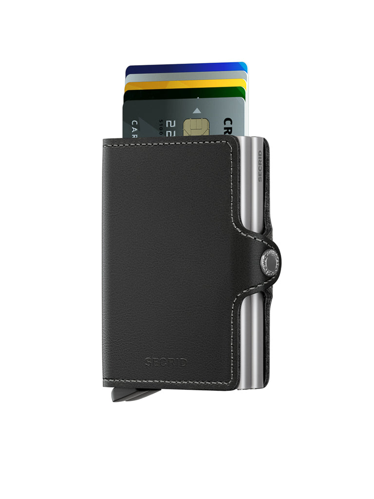 A Secrid Twin Wallet Original Compact in black leather, featuring a card protector design with several cards partially extended, is displayed against a white background.