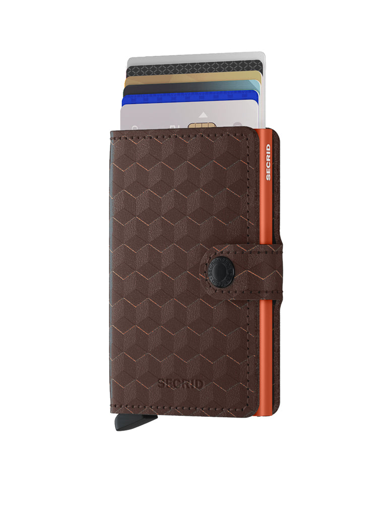 The Secrid Miniwallet Optical is a brown textured compact wallet with RFID protection and a button strap, shown against a white background holding several visible credit and ID cards that are partially popped up.