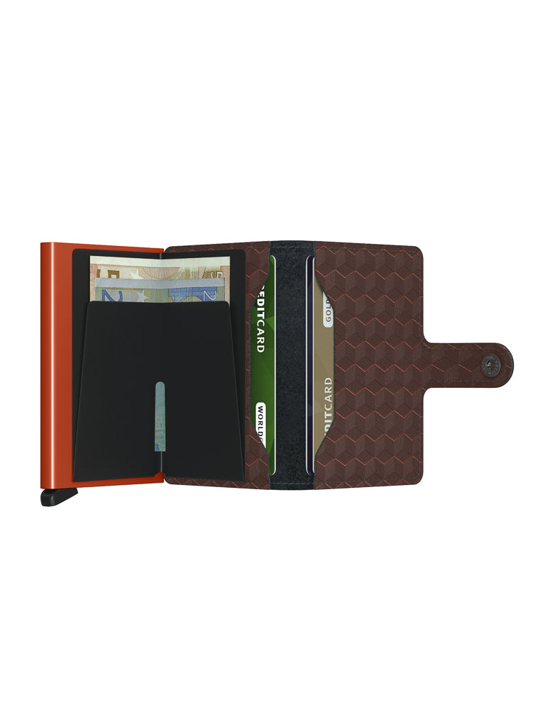 The Secrid Miniwallet Optical is a brown, textured compact wallet with RFID protection, an orange spine, geometric hexagon pattern, and snap closure. Open, it reveals banknotes, credit cards, and a black cardholder inside.