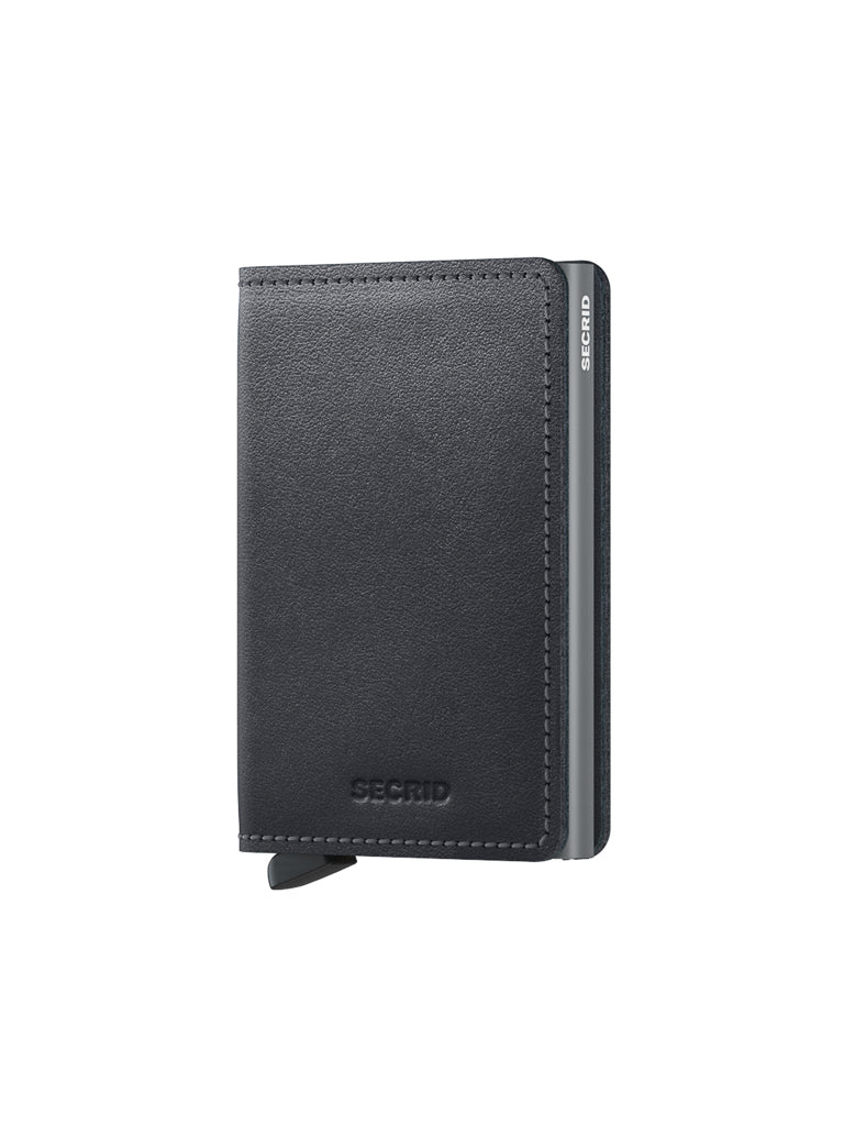 The Secrid Slimwallet Original is a black, premium European leather wallet with visible stitching, a card-access tab, and RFID protection, shown closed on a white background.
