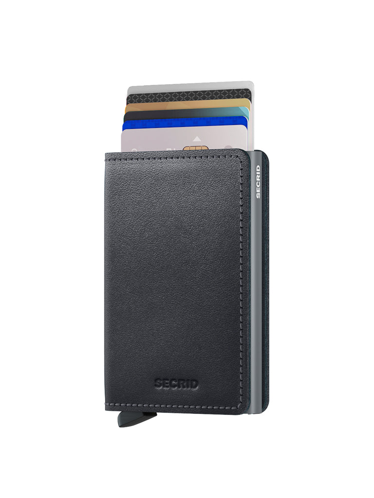The Secrid Slimwallet Original, shown in black with a textured European leather finish, is slightly open to display neatly organized colorful cards and features RFID protection against a plain white background.