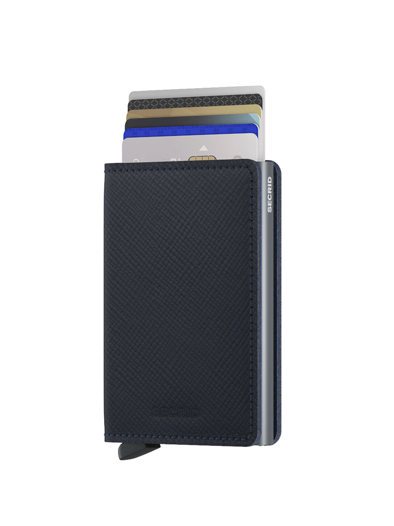 The Secrid Slimwallet Saffiano Leather in navy blue features textured leather, a side SECRID logo, a bottom tab, staggered card display, and RFID protection for your cards.