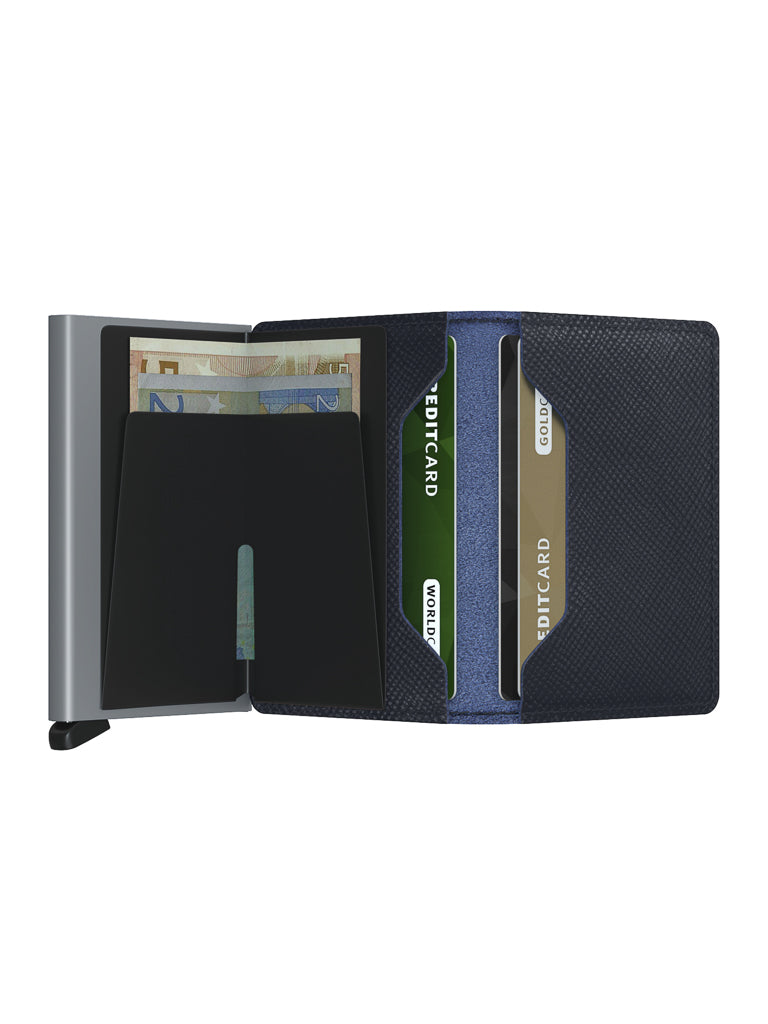 The Secrid Slimwallet Saffiano Leather is shown open in black, with euro bills in the cash slot and three visible cards. Its modern, minimalist design and premium saffiano leather make it ideal for daily use.