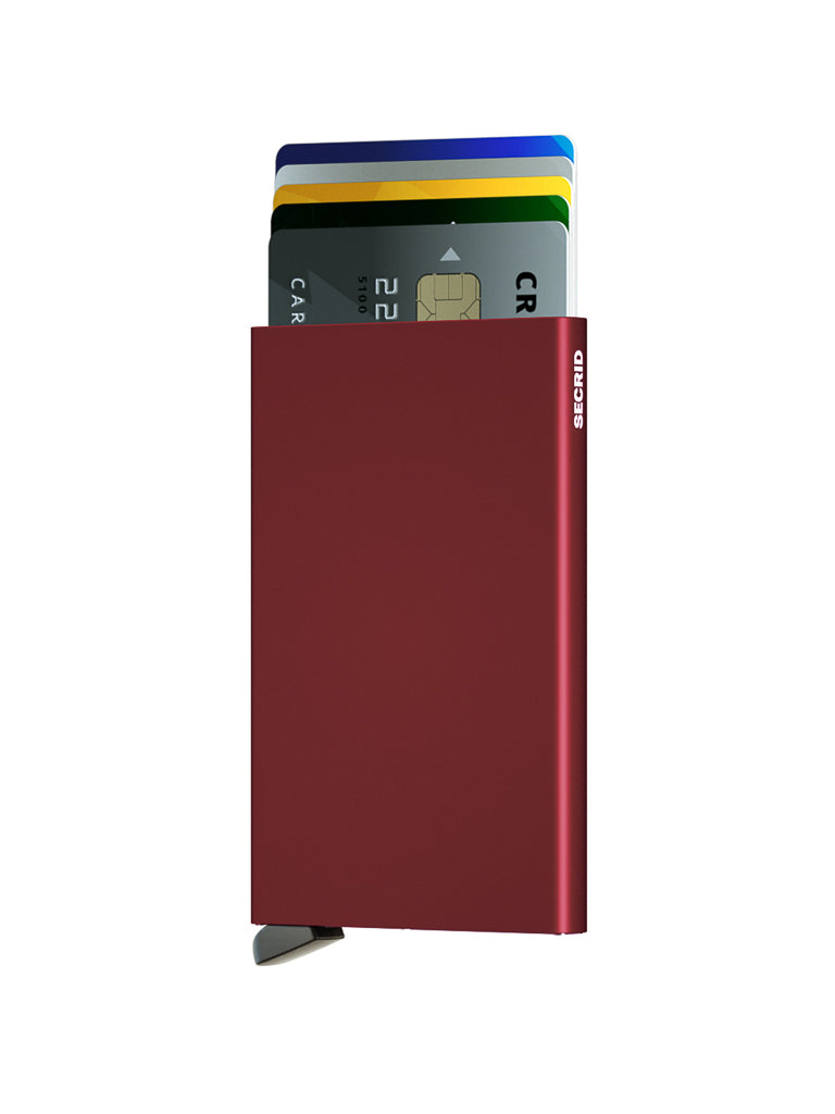 The Cardprotector Minimal Wallet by Secrid is a slim red RFID-safe case, showing five partially visible cards—including credit and ID cards—with a small metallic lever at the bottom and the Secrid logo on the side.