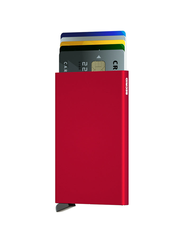 The Secrid Cardprotector Minimal Wallet in red holds several credit cards, features a small black lever at the bottom corner, and provides RFID-safe protection for your cards.