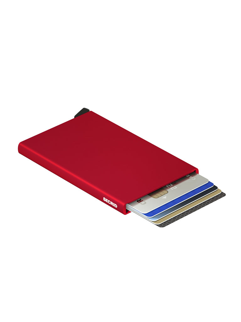 The Secrid Cardprotector Minimal Wallet is a slim red cardholder with RFID protection that holds multiple credit cards, displayed partially extended in a staggered way for easy access.