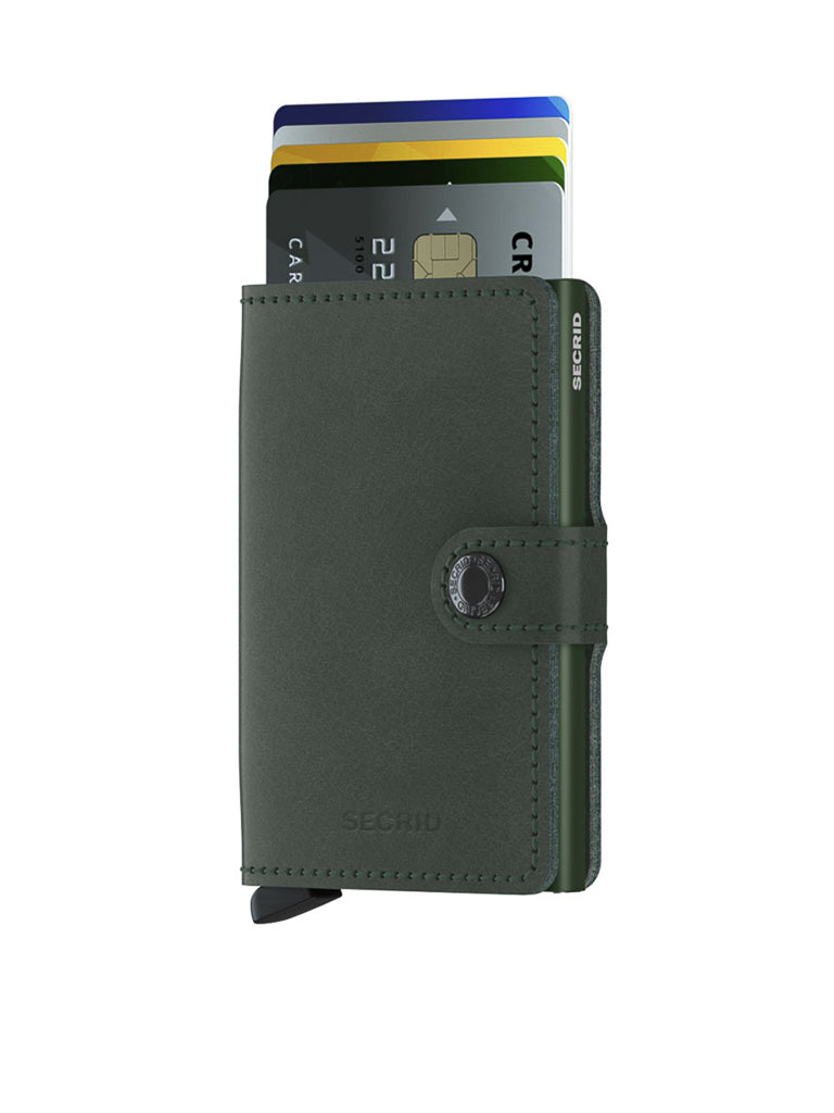 A Secrid Miniwallet Original by Secrid stands upright against a white background, holding several partially visible credit cards fanned at the top. This compact wallet includes RFID security and a convenient snap closure.