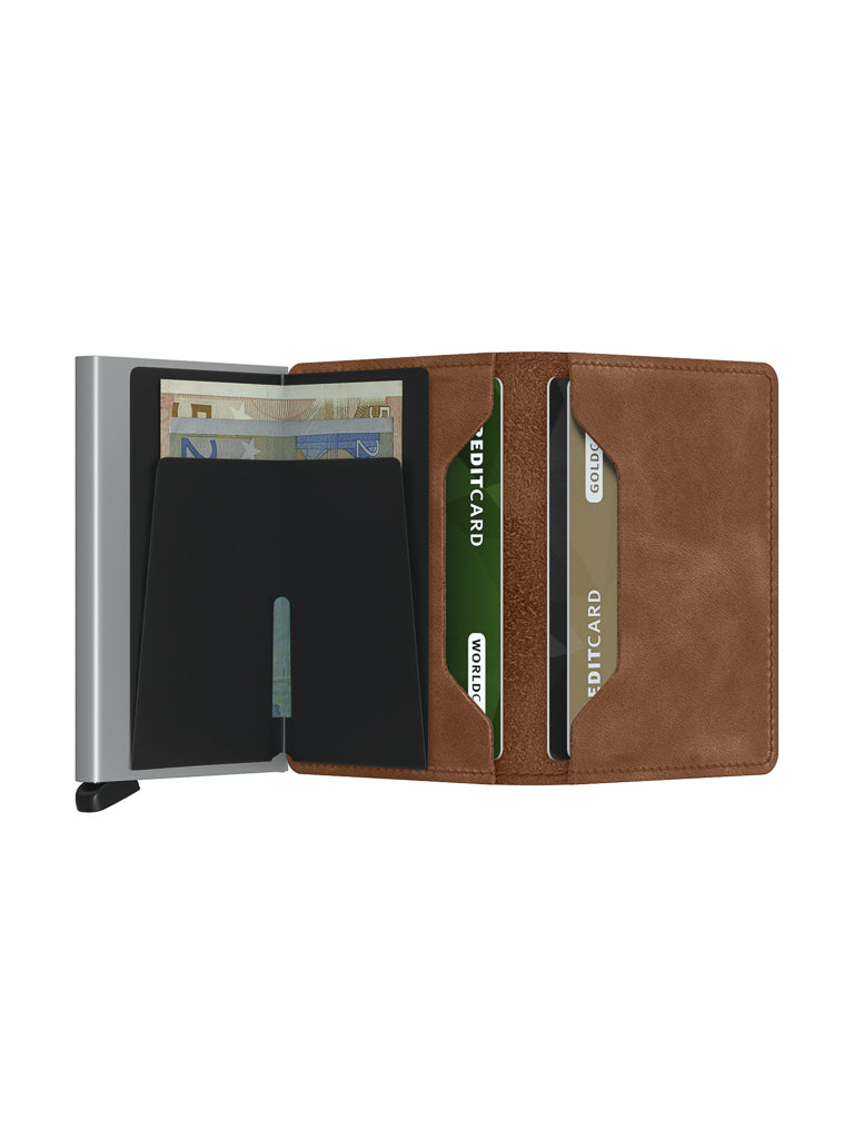 The Secrid Slimwallet Vintage Leather by Secrid, featuring a metal compartment for euro bills and multiple credit cards, is shown against a white background.