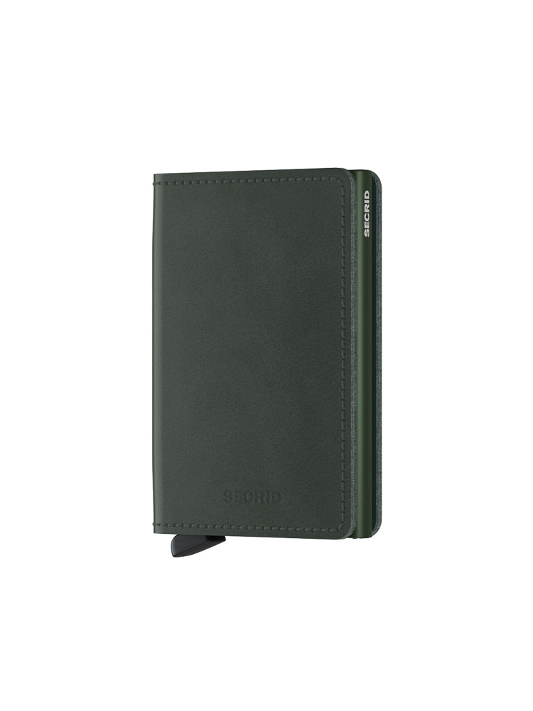 A dark green Secrid Slimwallet Original, made from European leather, is shown closed on a white background, with a side tab and embossed logo. This bi-fold wallet combines style with RFID protection.