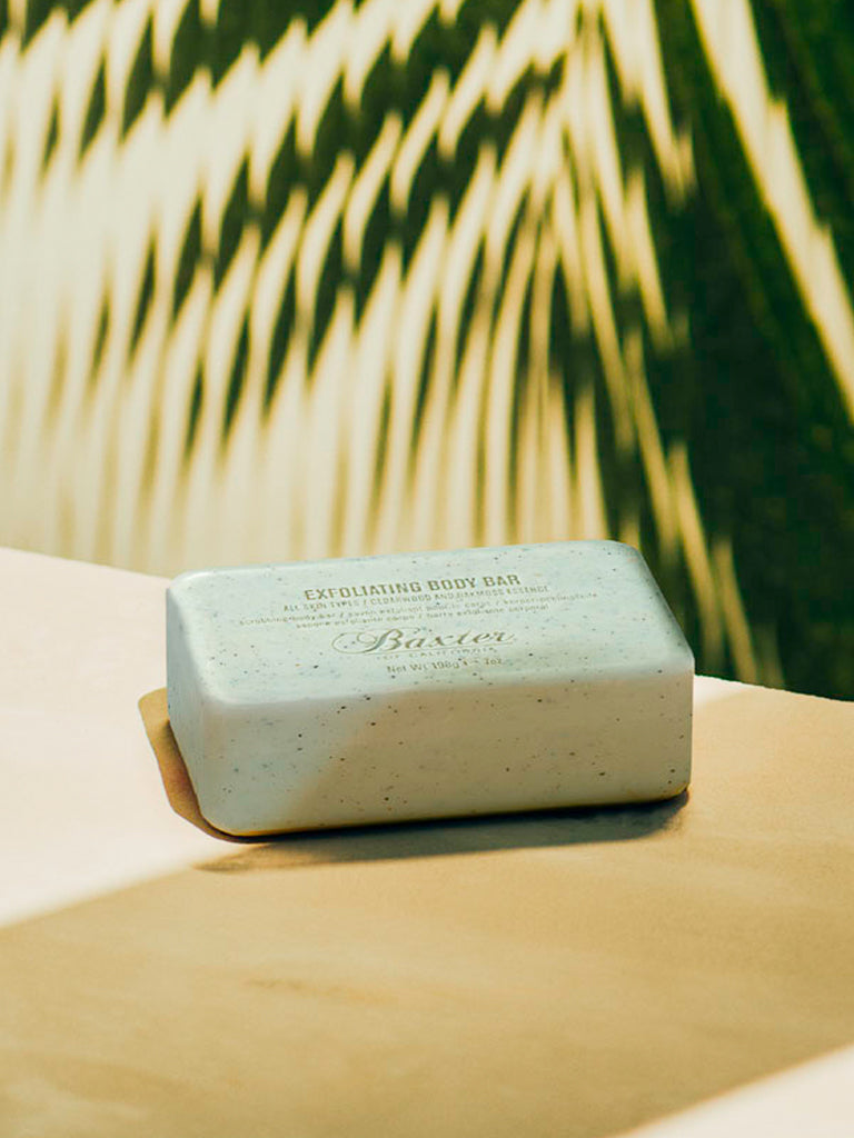 The Baxter Exfoliating Body Bar for men, with cedarwood and oakmoss, rests on a light surface against a blurred green and yellow background. The pale, rectangular bar is speckled on top and features printed text.