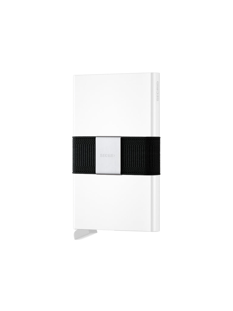 A slim, white Secrid Money Band Cardprotector Add-on wallet with a black band and silver accent in the center, shown on a white background.