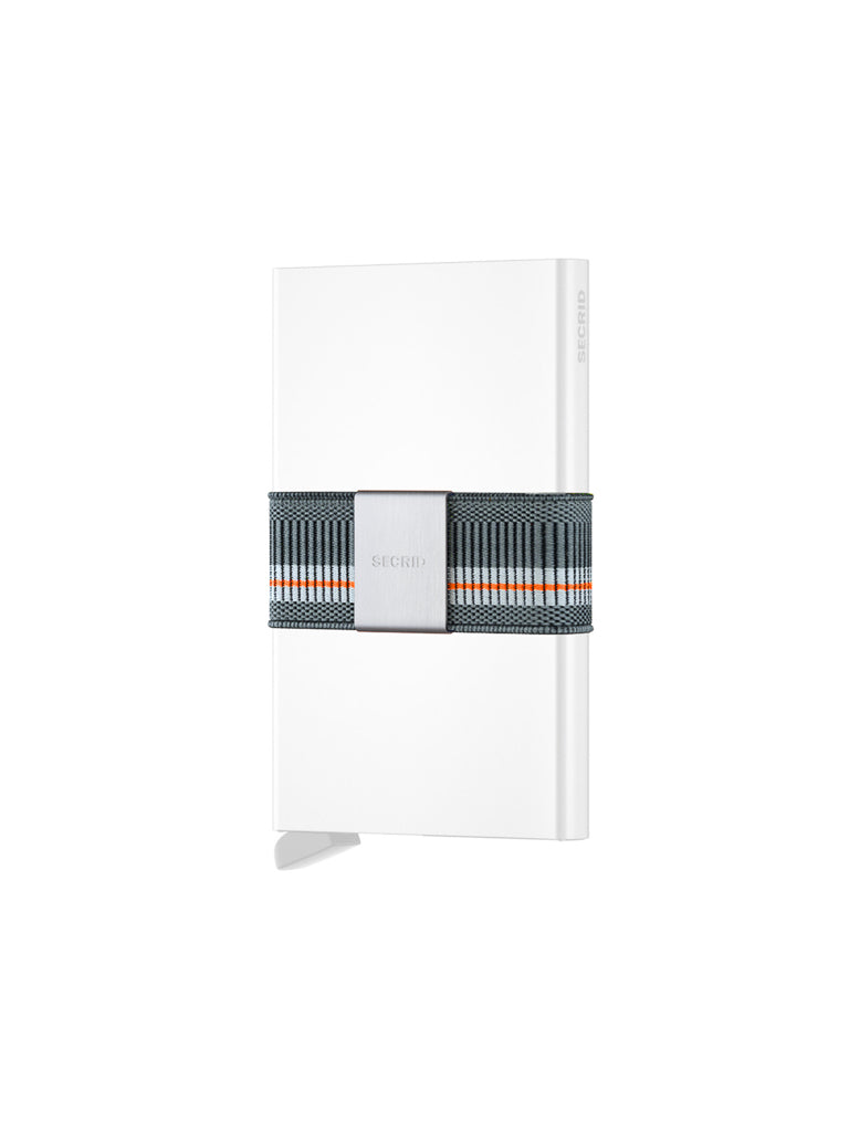 A slim, white Secrid Money Band Cardprotector Add-on with a gray, orange, and blue striped band and silver SECRID logo plate stands upright against a plain white background.
