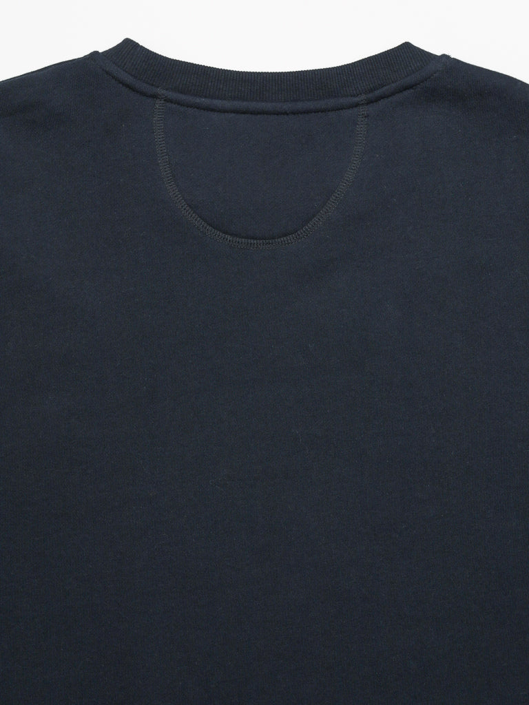 A close-up of ID Menswears dark-colored Everyday French Cotton Terry Crewneck Sweatshirt focuses on the neckline and upper back, showcasing the soft, smooth French cotton terry fabric and visible collar stitching.