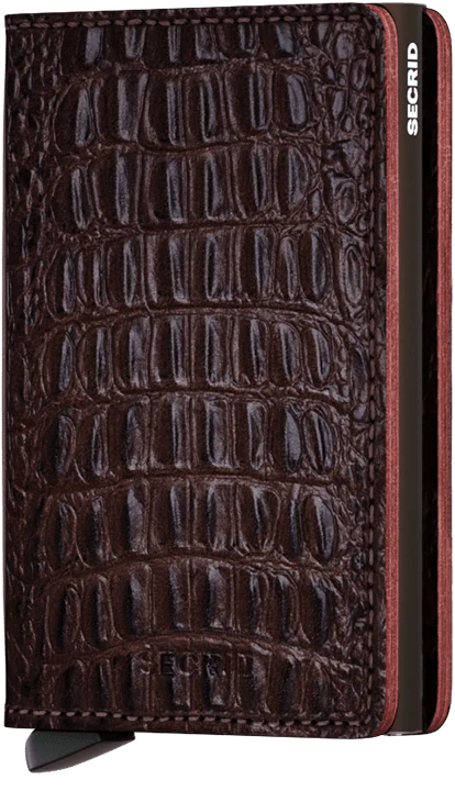 The Secrid Slimwallet Nile is a dark brown crocodile-patterned leather billfold, standing upright and partially open, combining elegant style with RFID protection.